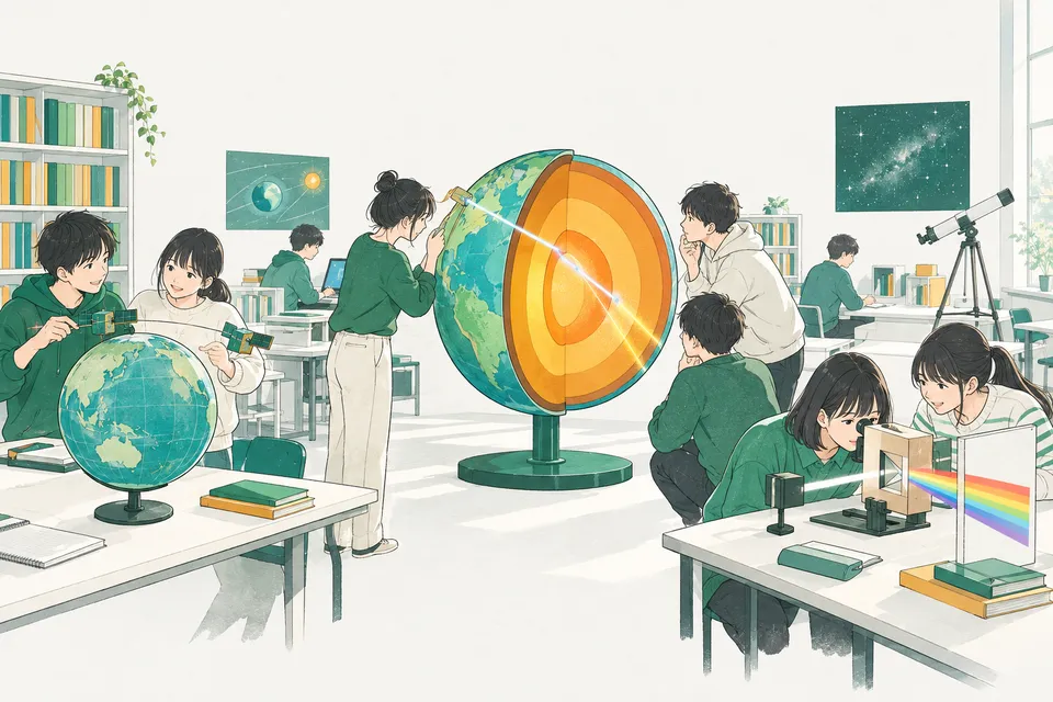 大学の地球物理学と天文学の研究室で、地球の断面の模型に細い光の筋を当てて曲がり方を確かめる学生、糸でつないだ 2 つの衛星の模型を地球儀の上で動かす学生、分光器で白い光を虹色の帯に分ける学生たち