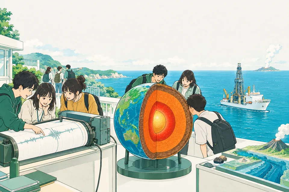 地震計の記録紙の波をたどる学生、色分けした地球の断面の模型をのぞき込む学生、鉄骨のやぐらがそびえる掘削船と、噴煙を上げる小さな火山島が見える海