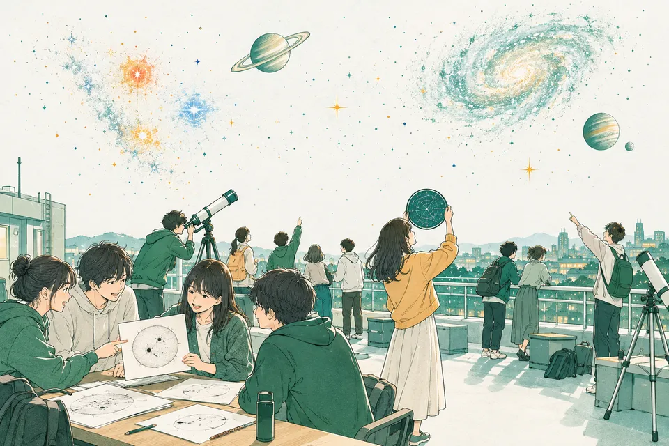 屋上で天体望遠鏡をのぞく学生、紙に映した太陽の黒点を写し取る学生、赤い星と青白い星が輝く星空と淡い渦巻き銀河
