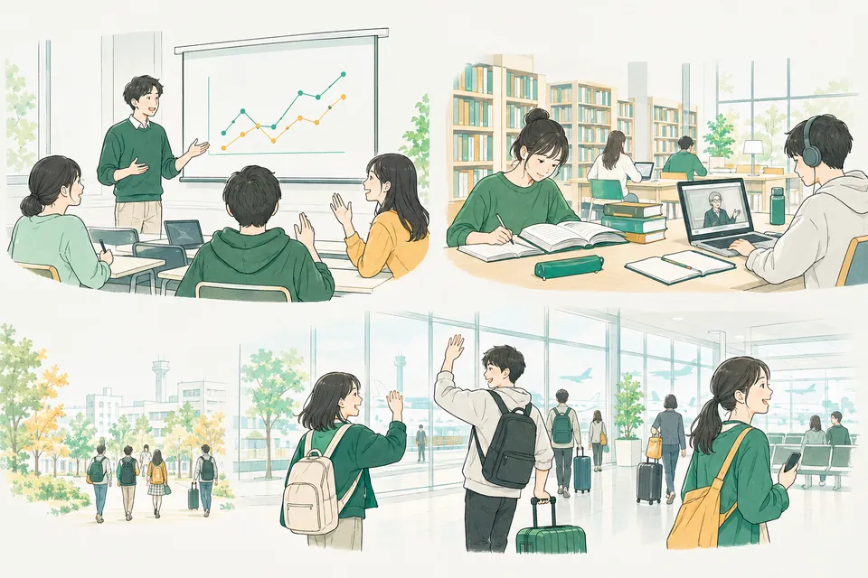 大学の教室で英語で発表する学生、図書館で英語の本を広げる学生とノートパソコンで海外の大学の講義を見る学生、空港の出発ロビーで手を振る学生