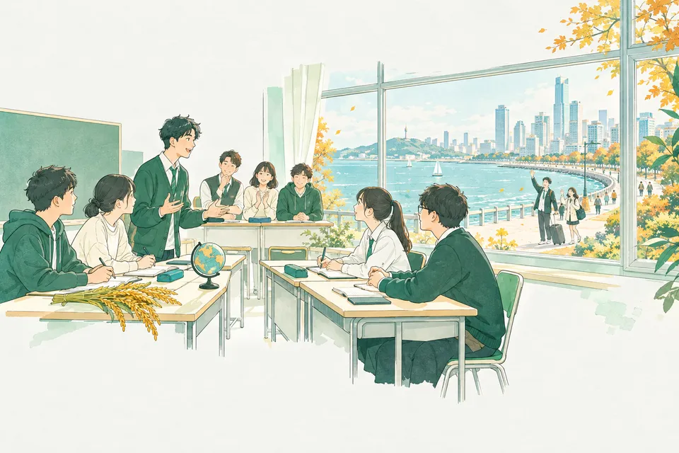教室で肯定側と否定側に分かれて机を向かい合わせ、英語でディベートする高校 2 年生たちと、海辺の街の遊歩道をスーツケースを引いて歩く留学中の高校生