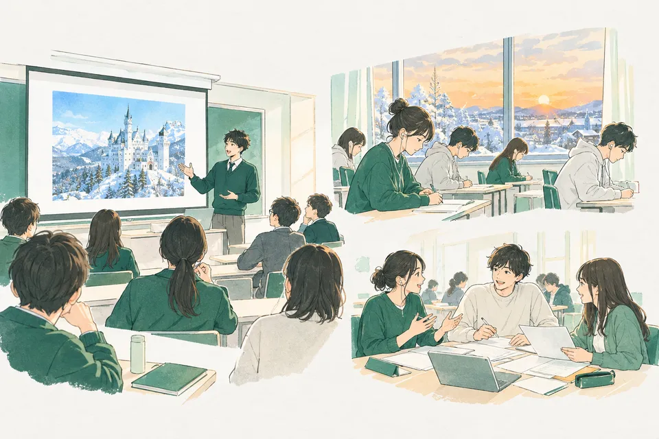 教室のスクリーンに城の写真を映して英語でプレゼンテーションをする高校 3 年生と聞き入る生徒たち、冬の夕方の教室でイヤホンをつけて問題に取り組む生徒