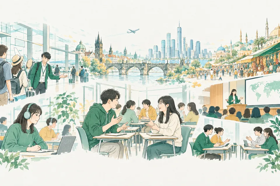 英語で会話する教室、空港の案内、プレゼンテーション、ディベート、世界の街並みが広がる様子