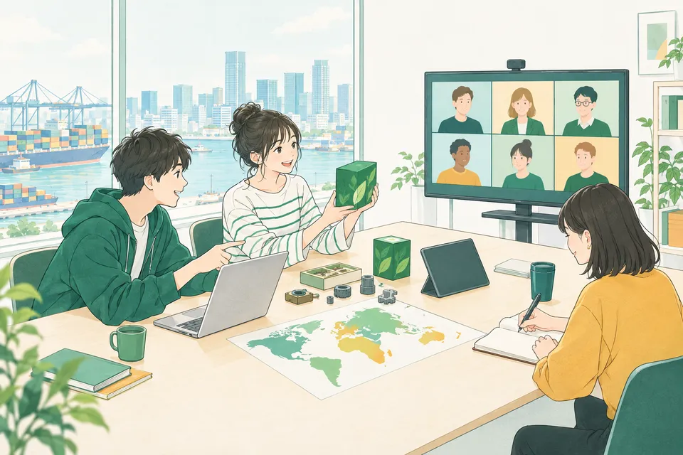 港のコンテナとビル街が見える明るい部屋で、ノートパソコンを囲んで海外の取引先とオンライン会議をする若い社員たち