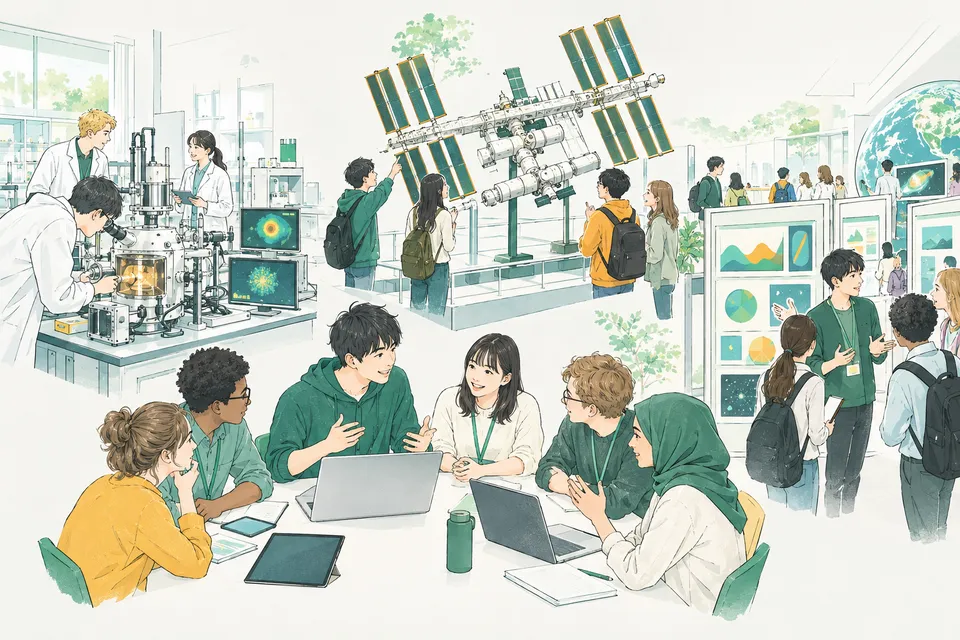 研究所の実験室と宇宙ステーションの模型、ポスター発表の会場がひとつながりに描かれ、いろいろな国の仲間とノートパソコンを囲んで話し合う若い研究者たち