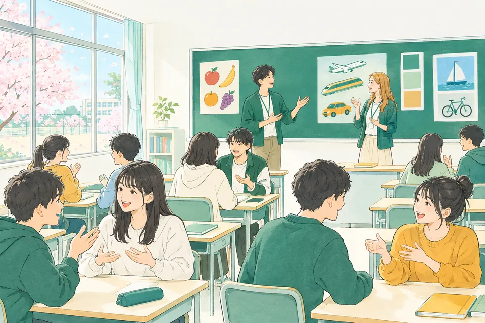 明るい中学校の教室で、日本の若い英語の先生と ALT が黒板の前に並び、ペアになった生徒たちが楽しそうに英語で話している様子