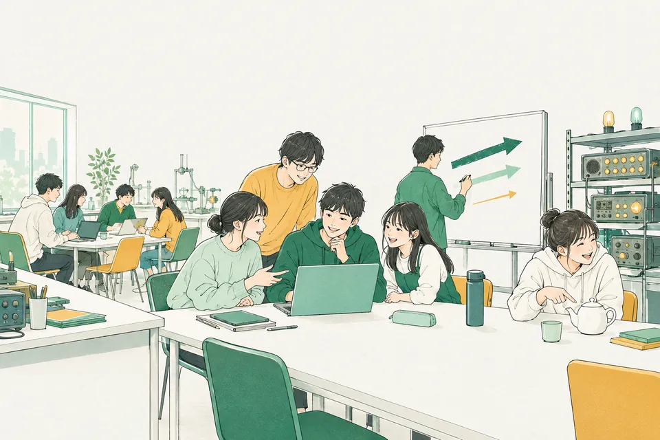 大学の実習室で、ノートパソコンを囲んで話し合う学生、ホワイトボードに太さの違う 3 本の矢印を描く学生、机の白いティーポットを指さして笑う学生たち