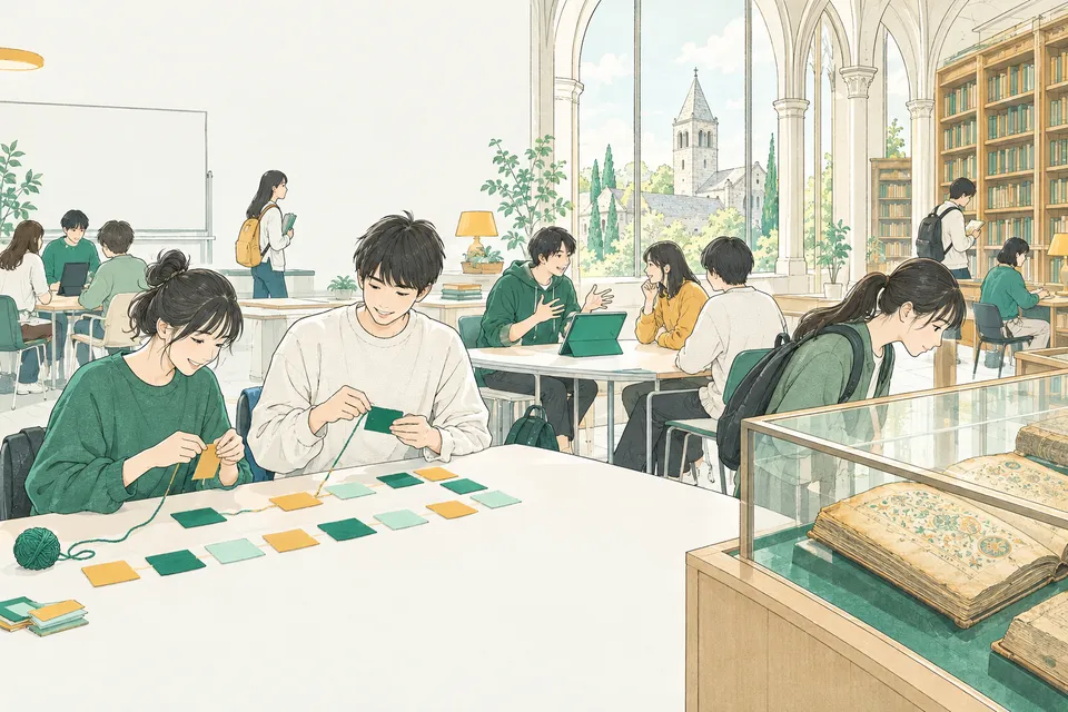 大学の語学の教室で、英語とドイツ語の単語カードを並べて毛糸で結ぶ学生、タブレット端末に向かって話す学生、ガラスケースの古い手書きの本をのぞきこむ学生たち