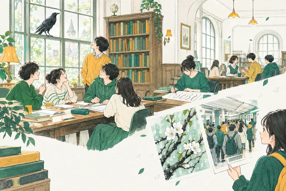 古い書斎のような大学のゼミ室で、窓辺の黒いカラスを見上げる学生、しっぽのように曲がりくねった線を紙に書き写す学生、地下鉄の駅の人混みと花の枝のスケッチを見比べる学生たち