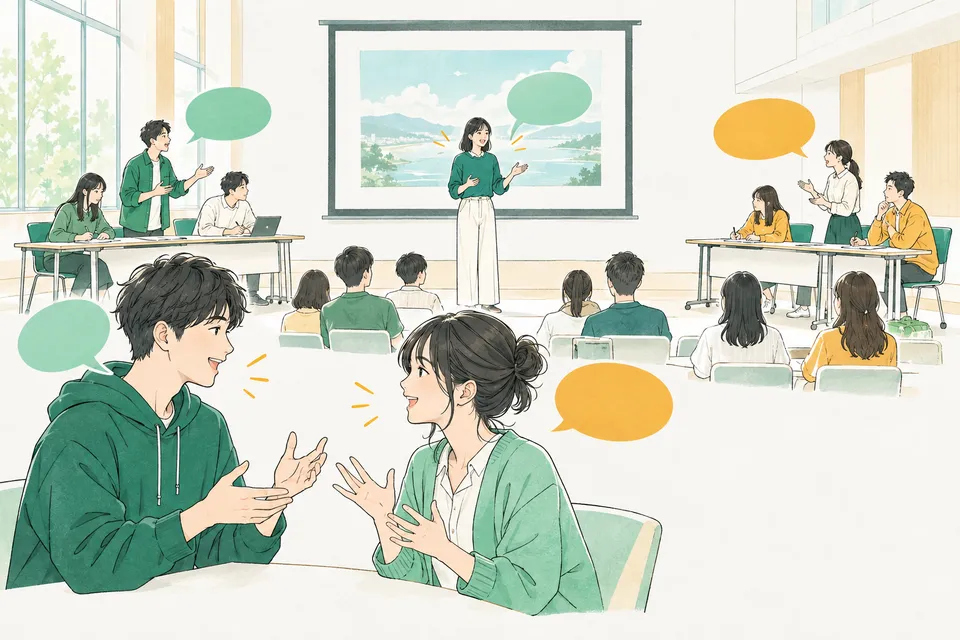 教室で向かい合って英語で会話する高校生、写真を映したスクリーンの前でスピーチする高校生、賛成と反対の 2 つのチームに分かれて机を挟んでディベートする高校生たち
