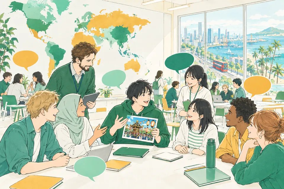 世界地図を囲んで、いろいろな国から来た先生や友達と英語で話す高校生、地元の祭りの写真を見せながら英語で紹介する高校生