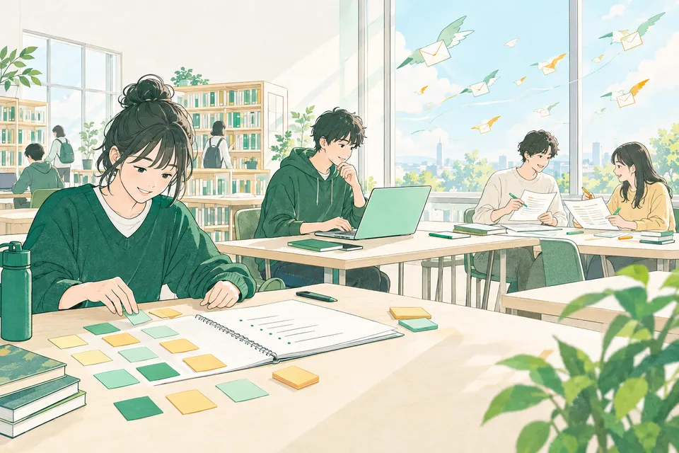 机で箇条書きのアウトラインを書く高校生、ノートパソコンで英語のメールを打つ高校生、書いた英文を友達と読み合って印をつける高校生