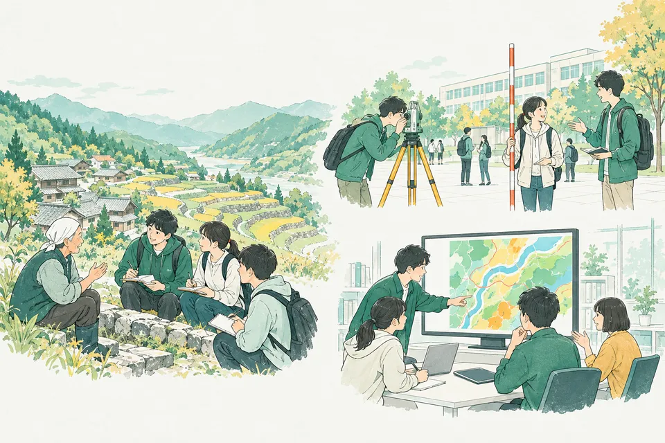 山あいの集落で住民に話を聞く大学生、研究室で大きな画面に色分けの地図を映して話し合う学生、キャンパスの広場で三脚の測量機器をのぞく学生