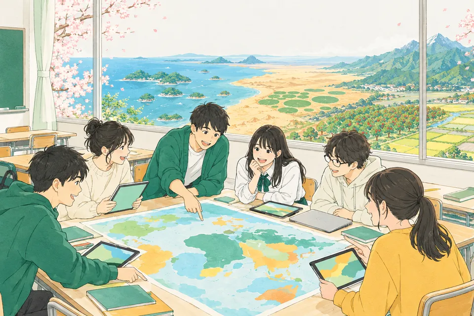 教室で大きな地図とタブレットを囲む高校 1 年生たち、窓の外に広がる小さな島々の浮かぶ海と、砂漠の中の円い緑の畑、リンゴ畑と田んぼの広がる平野