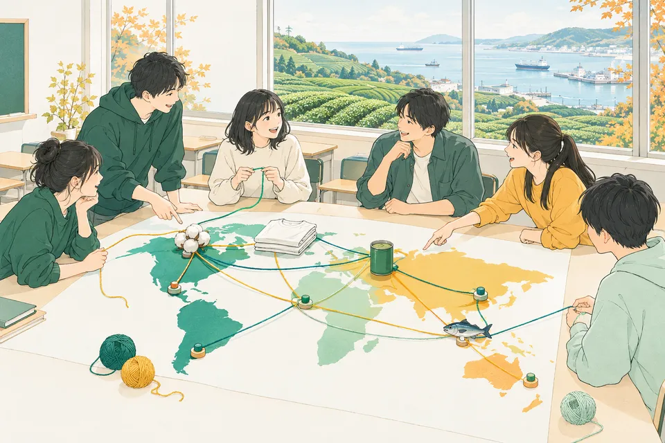 教室で綿花の実や服、緑茶の缶を世界地図の上に並べ、糸で産地と港と店をつなぐ高校 2 年生たち、窓の外に広がる丘の茶畑と港