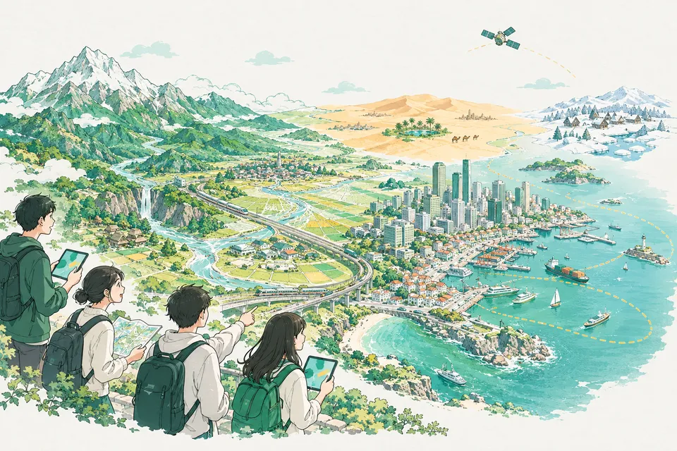 山・川・港町・田畑・高層ビルの街を鉄道と航路がつなぐ地形の上で、地図とタブレットを手にまちを調べる高校生たち