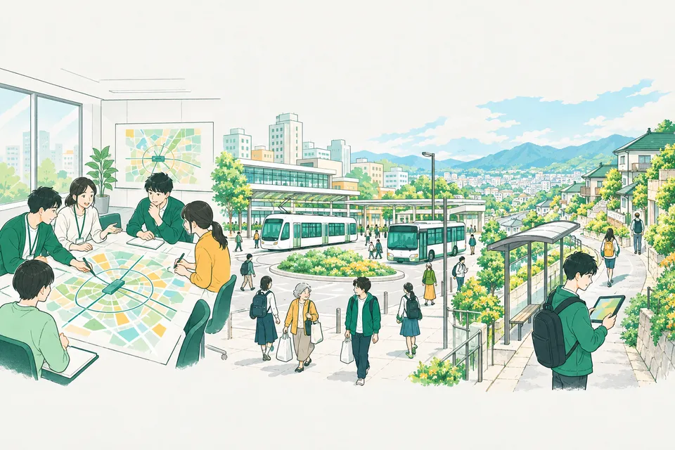 駅前の広場に路面電車とバスが止まり、郊外の坂道に住宅地が広がるまちで、大きな地図に円を描き込む若い職員と、バス停までの道を歩いて確かめる若い社員が、一続きに描かれた様子