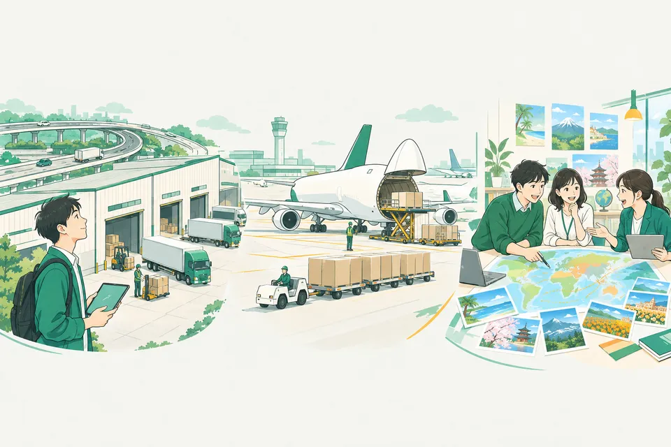 高速道路の出入口のそばに大きな倉庫が並んでトラックが出入りし、空港では貨物機に荷物が運ばれ、旅行会社の事務所では若い社員が地図と季節の写真を並べてツアーを考えている様子