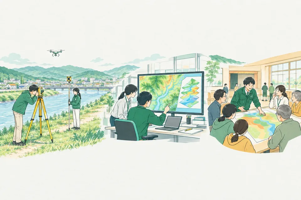 川と山に囲まれたまちで、三脚の測量機をのぞく若い測量士、空を飛ぶ小さなドローン、モニターの地図に色を重ねる若い技術者、公民館で地図を囲んで住民と話す防災の担当者が、一続きに描かれた様子