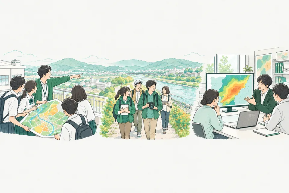 校舎の屋上で地図を手に遠くの山や川を指さす先生と高校生たち、川沿いの道をノートとカメラを手に歩く生徒、研究室で町の気温を色で表した地図を映して話し合う若い研究者が、一続きに描かれた様子