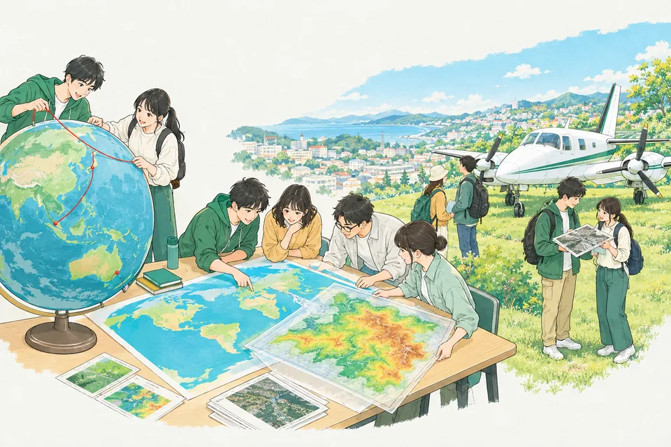 地球儀にひもを当てて都市を結ぶ学生、世界地図と色分けした標高図を重ねて見る学生たち、測量用のプロペラ機の前で空中写真を手にする学生