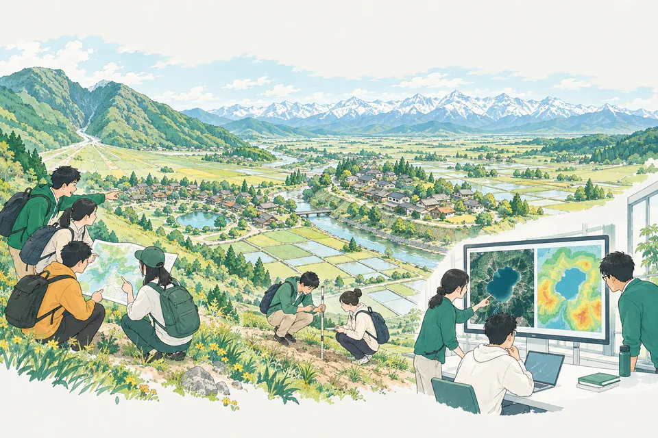 扇の形に広がる平野と川沿いの集落を見下ろす学生、雨温図の数字を比べる学生、衛星画像の湖を指さす学生、地形の地図とハザードマップを重ねる学生