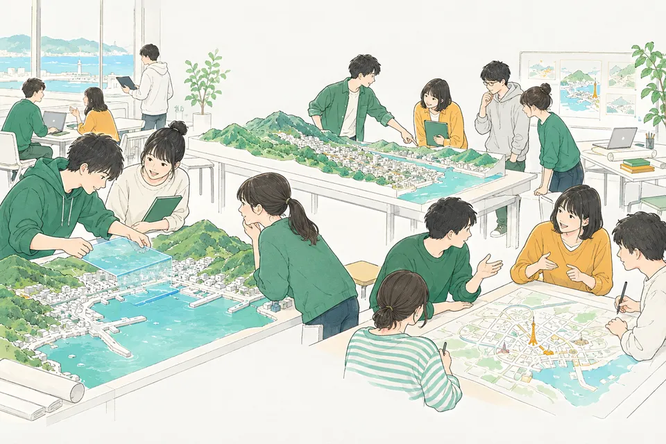 大学の都市計画の研究室で、海沿いの低い土地の地形模型に水色の板を当てて高さを確かめる学生、山と海にはさまれた街の模型を指さす学生、手描きの町の地図を囲んで話し合う学生たち