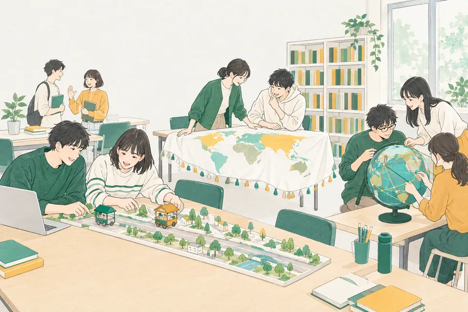 大学の経済学のゼミ室で、細長い道の模型に 2 つの屋台の模型を並べる学生、房飾りのベッドカバーと地図を見比べる学生、地球儀に色の糸を張って国どうしをつなぐ学生たち