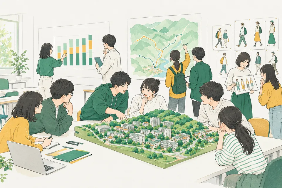 大学の社会学のゼミ室で、団地が並ぶ街の模型を前に棒グラフを指す学生、山あいの集落の地図に色の線で家族の住む町を結ぶ学生、街を歩く人々の服装のスケッチを壁に並べる学生たち