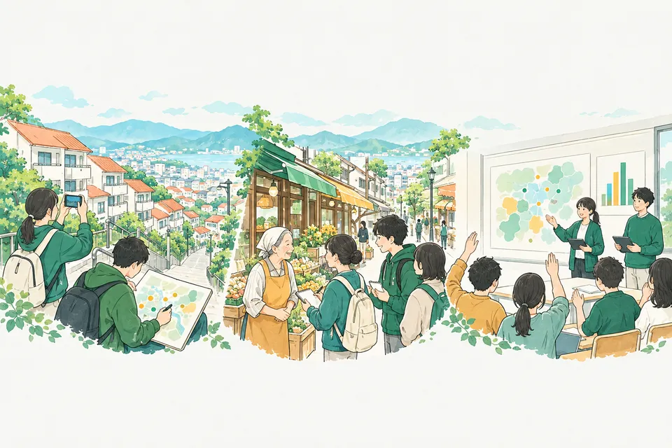 坂の多い団地の町を歩いて写真を撮る学生、地図に印をつける学生、商店のおばあさんに話を聞く学生、教室で調べた結果を発表する学生たち