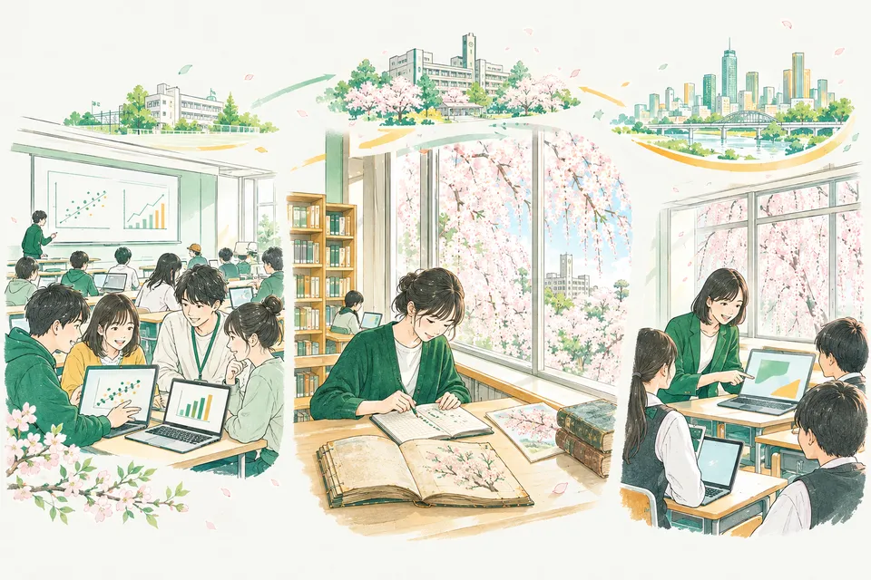 大学の講義室でノートパソコンを開いてデータを分析する学生たちと、古い日記を広げて桜の記録を表に書き写す学生、高校の教室で生徒に教える若い先生