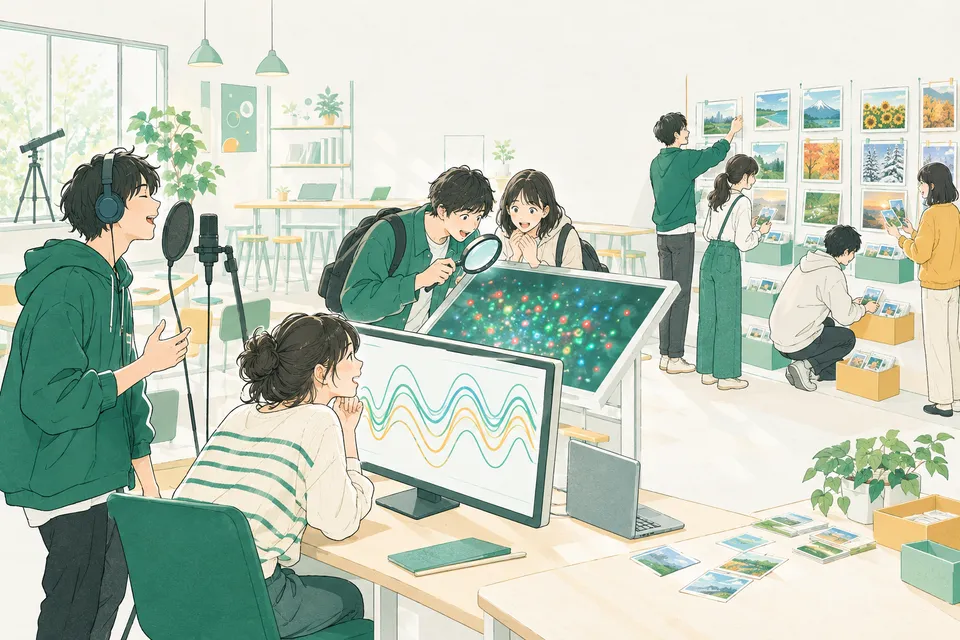 マイクで声を録音する高校生、画面を虫めがねでのぞいて小さな光の粒を見つける高校生、色と模様で分けた案内ポスターを壁に貼る高校生たち
