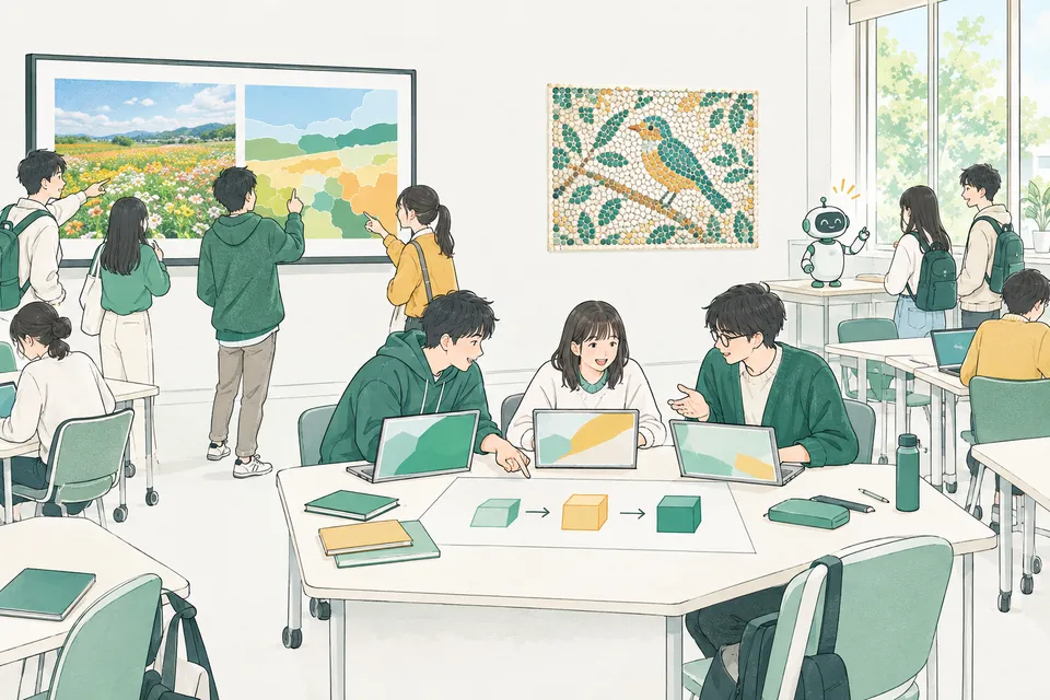 大きな画面に映した、少ない色に分けられた写真を見比べる高校生たちと、3 人で分担して掲示板をつくる生徒たち、壁に飾られた小石のモザイク画