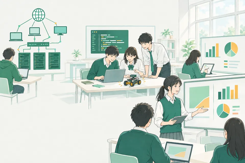 高校の情報の授業で、プログラミング・データの分析・発表にグループで取り組む生徒たち