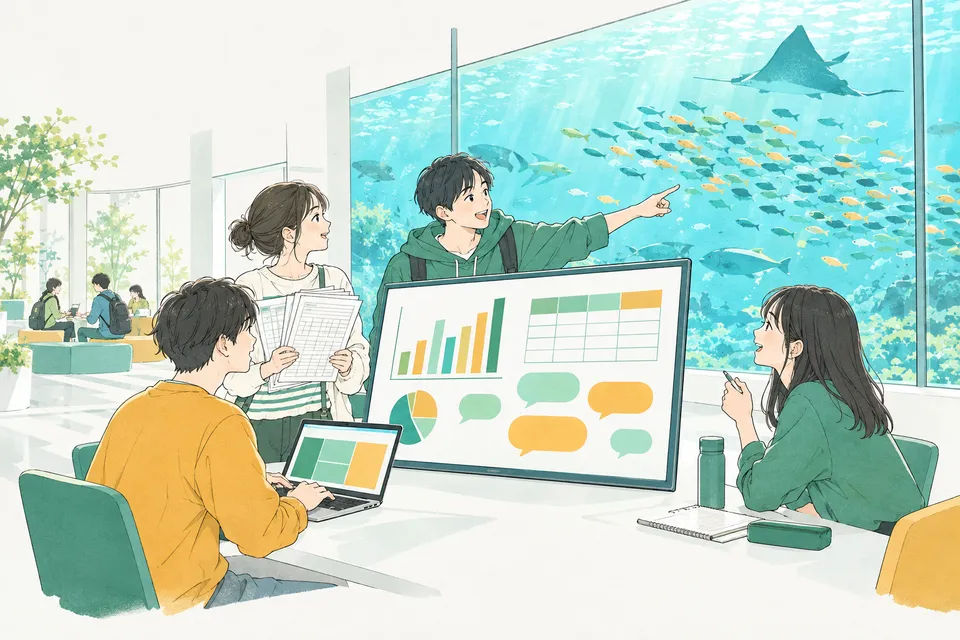 大きな水槽の見える明るい部屋で、色分けされた棒グラフと表のマス目が映る画面を囲み、アンケート用紙を手に話し合う学生たち