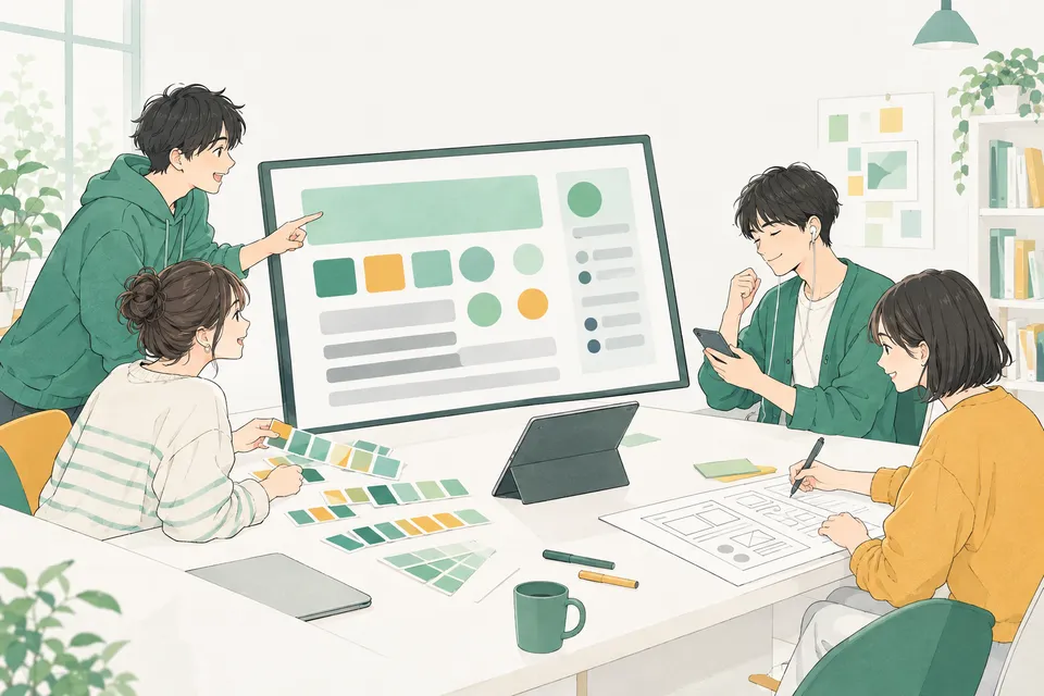 明るいデザイン室で、色のついたボタンやアイコンが並ぶ画面と色見本を囲み、イヤホンで画面の読み上げを聞きながら話し合う学生たち