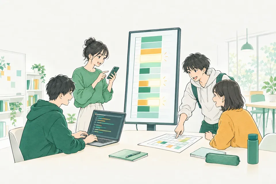 明るい開発室で、時間ごとのマス目が並ぶ予約画面の大きな画面を囲み、スマートフォンで操作を試しながら相談する学生たち