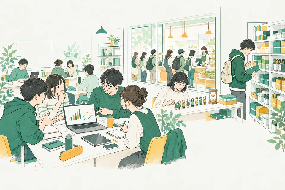 大学のゼミ室で、ノートパソコンの表と棒グラフを見比べる学生、机に並べた人形の列を時計を見ながら数える学生、棚の箱を数える学生たち