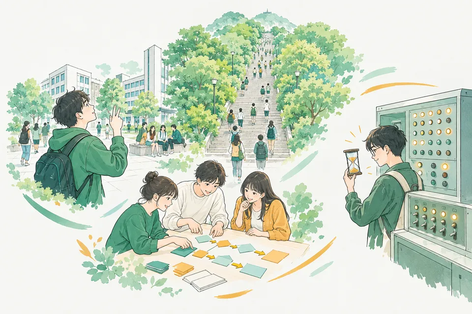 山の長い石段を見上げて段数を数える学生、カードを矢印の付箋でつなぎ直す学生、古い大型コンピュータの操作盤の前で砂時計を見る学生たち