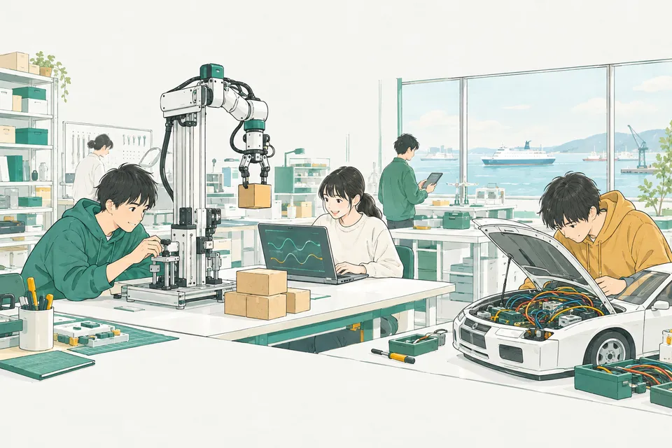 大学の実験室で、荷物を持ち上げるロボットの腕を調整する学生、ノートパソコンで動きのグラフを確かめる学生、車の模型の配線をたどる学生たち