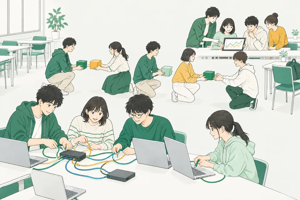 パソコン教室でルーターと LAN ケーブルをつないで小さなネットワークを作る高校生と、タブレットのグラフを見ながら話し合う高校生たち
