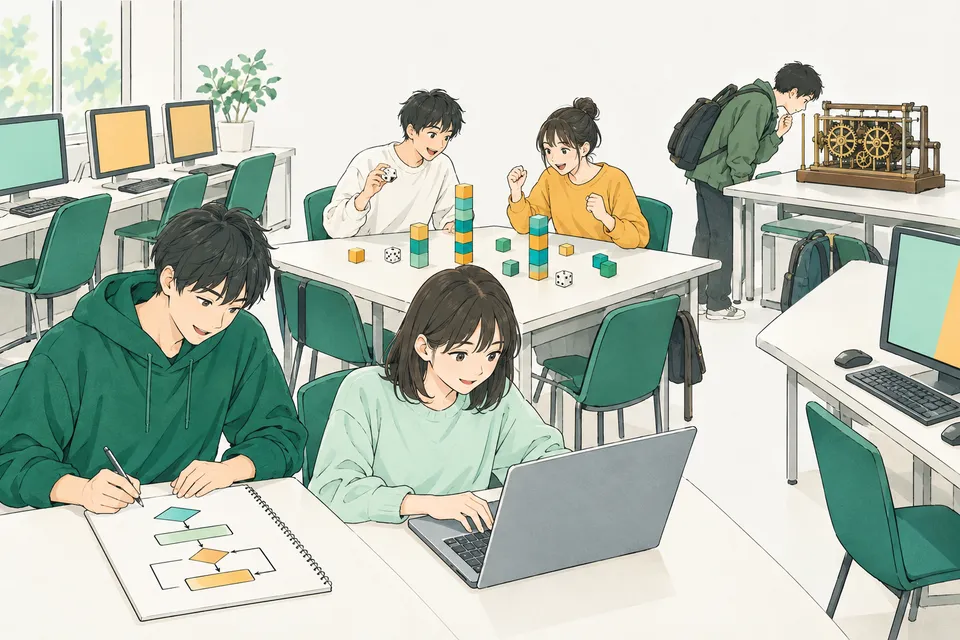 パソコン教室で、流れ図を描いたノートを見ながらプログラムを打ち込む高校生と、さいころを振って結果を記録する高校生たち