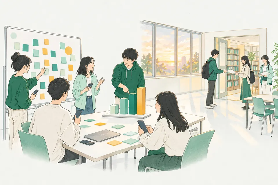 放課後の教室で付箋を貼ったホワイトボードを囲んで話し合う高校生と、図書室の入り口でアンケートを配る高校生たち