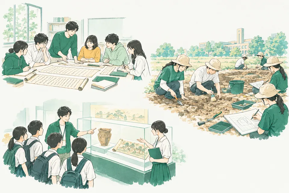 大学のゼミ室で古文書の写しを囲む学生たち、夏の遺跡で移植ゴテを手に土を掘る学生、博物館の展示ケースの前で説明の練習をする学生