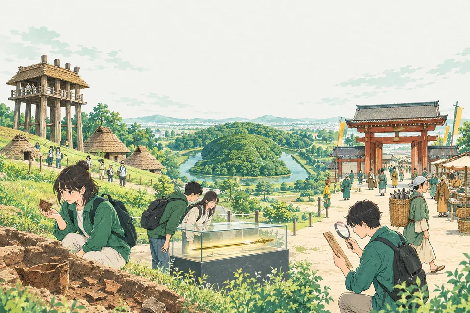 復元された縄文の高い柱の建物の前で土器を調べる学生、古墳の上で鉄剣の模型を見る学生、細長い木の札を虫めがねで読む学生