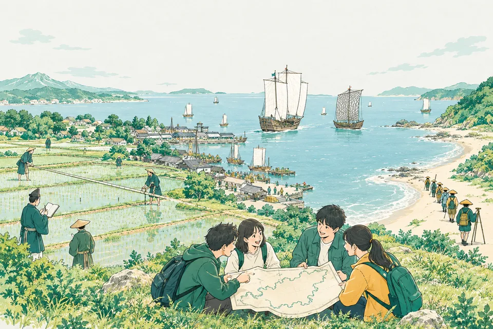 田んぼで竿と縄を使って土地を測る人々、港を出る大きな帆船、海岸線を歩いて測量する一行を、丘の上から眺める学生たち