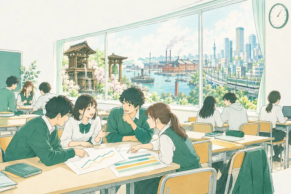 教室で折れ線グラフと年表のプリントを囲んで話し合う高校 1 年生たち、窓の外に広がる古代の水時計の建物、蒸気船の港、高いビルの街並み