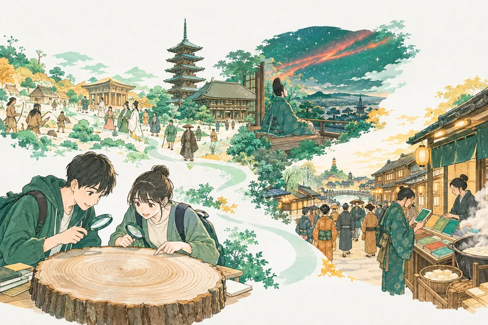 古い五重塔の前で木の輪切りの年輪を数える学生、夜空の赤い光を見上げる鎌倉時代の貴族、江戸の本屋で料理の本を手に取る町人が、1 つの風景の中に並ぶ様子
