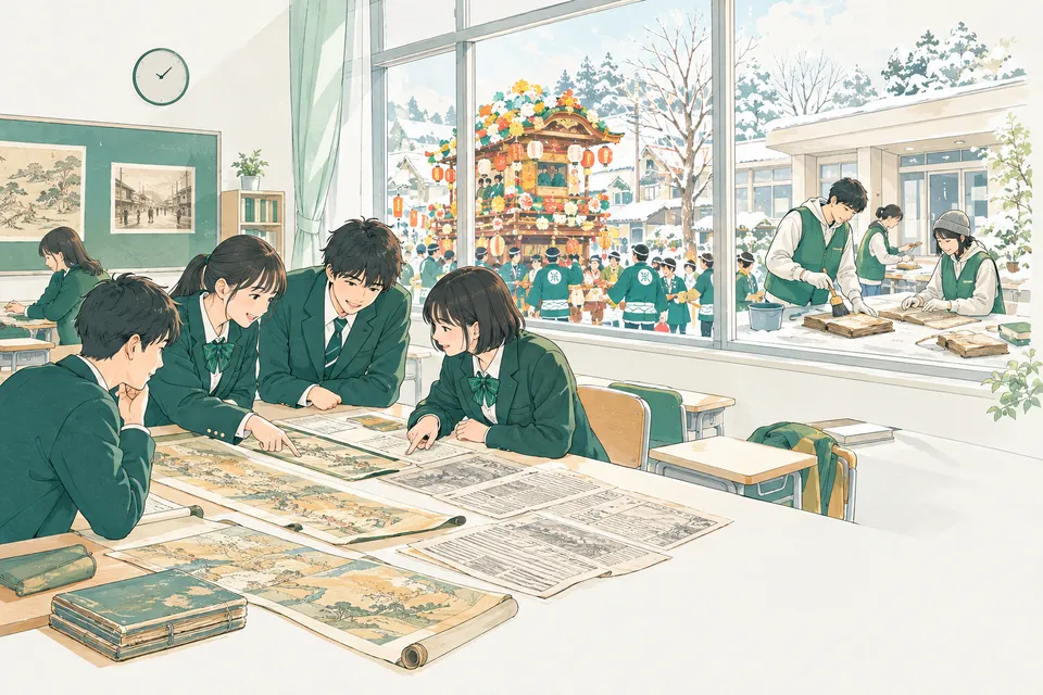 冬の教室で絵巻物の写しや古い新聞の写しを並べて読み比べる高校 3 年生たち、窓の外に見える地域の祭りの山車と、泥のついた古い帳面を洗う大学生のボランティア