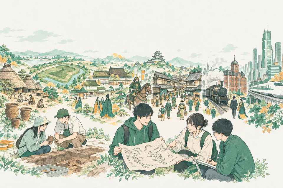 縄文から現代までの日本の風景が時代順に並び、手前で古文書や土器を調べる学生たち